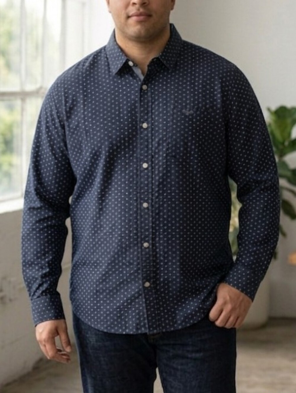 Dockers Navy Micro-Pattern Long Sleeve Button-Down Shirt